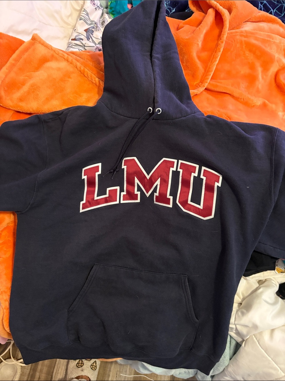 LMU Men’s Navy Crewneck Hoodie with Maroon Lettering